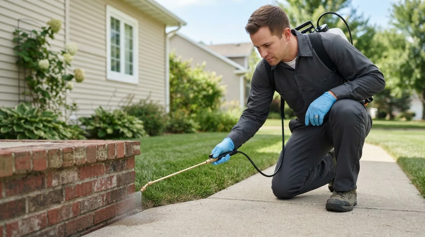 Pest control technician treating a home near Schneider, IN